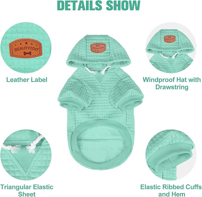 BEAUTYZOO Small Dog Hoodie Sweater with Pockets, Dog Clothes for Small Medium Dogs Boy Girl, Waffle-Like Laminated Cotton Pet Coats with Hat and Leash Hole, Mint Green S