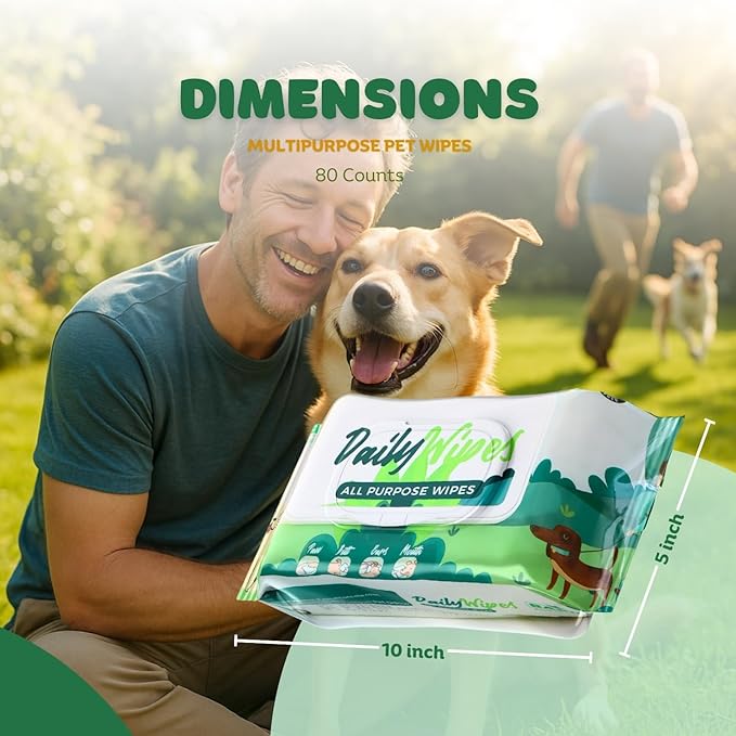 BASIL Pet Grooming Wipes – Lemon-Scented - Paraben-Free with Aloe Vera, Vitamin E & Castor Oil, Gentle Cleaning Wipes for Dogs, Cats & Puppies – Paws, Ears, Mouth & Butt – 80 Count, 7” x 7.87”