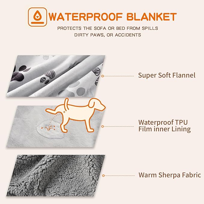 Waterproof Dog Blankets Pet Blanket 60"x80", Soft Fluffy Sofa Car Bed Protector, Reversible Sherpa Fleece Dog Blanket for Large Dogs (Light Grey-Paws)