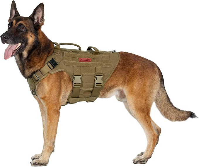 OneTigris Large Tactical Dog Harness, No Pulling Adjustable Dog Vest Harness, Heavy Duty Dog Harness with Handle, Large Hook and Loop Panels for Patch Brown