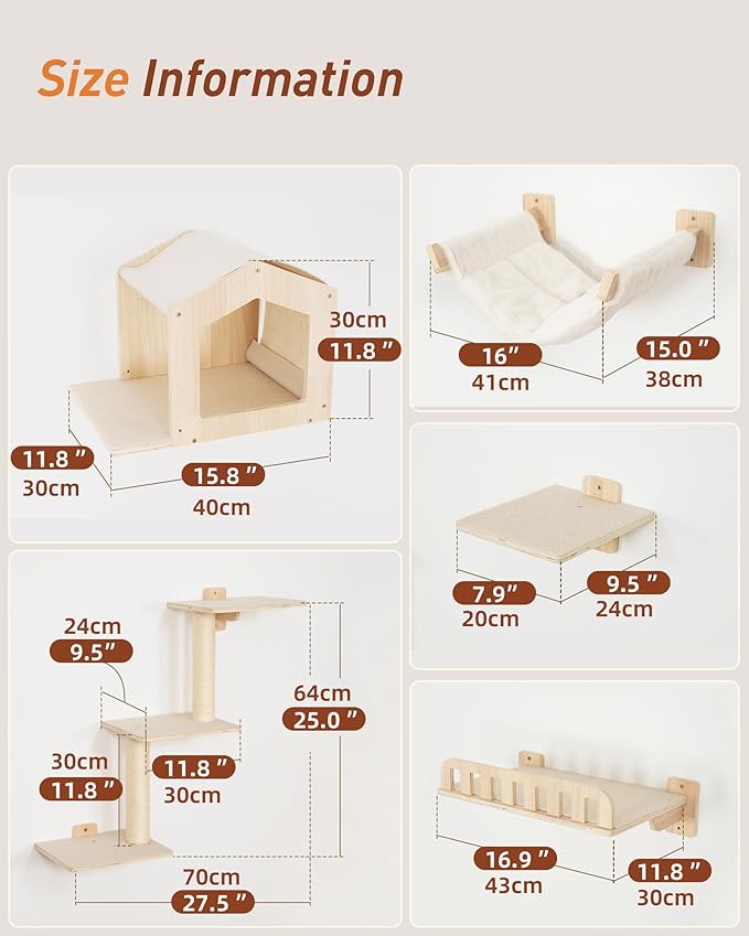 Cat Wall Shelves, 5-in-1 Cat Wall Furniture with Large Hammock and Perch, Space-Saving Shelves Set for Indoor Cats