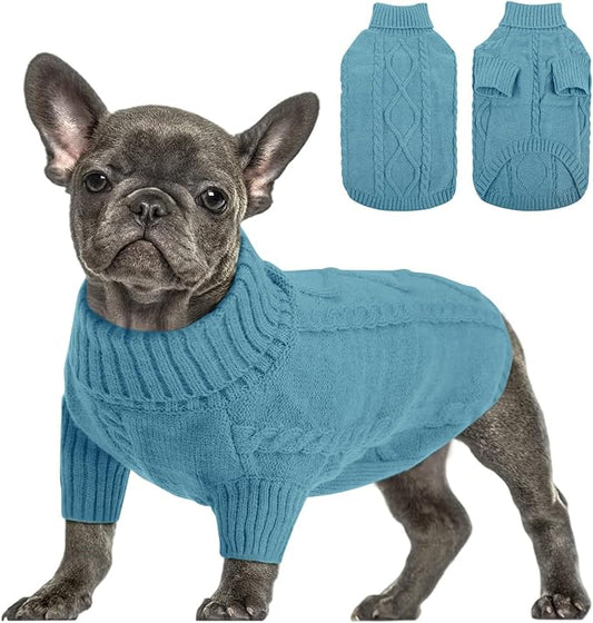 Queenmore Small Dog Pullover Sweater, Cold Weather Cable Knitwear, Classic Turtleneck Thick Warm Clothes for Chihuahua, Bulldog, Dachshund, Pug (Peacock Blue, X-Small)