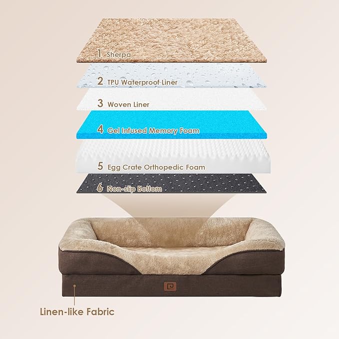EHEYCIGA Memory Foam XL Dog Bed for XLarge Sized, Extra Large Orthopedic Dog Sofa with Sides and Waterproof Liner, Washable Bolster Pet Bed Couch with Removable Cover, 42x30x7.5 Inch, Brown