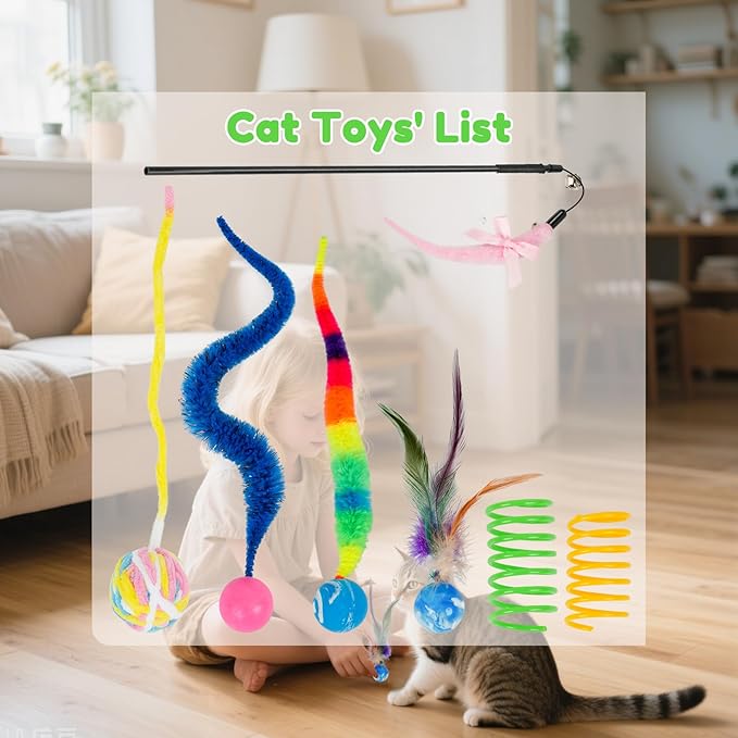 SHENGSEN Feather Wand Cat Toy,Bouncy Ball with Tail Cat Toys,Magic Worm with Large Colorful Ball Toy for Cats,Cat Feather Toys for Indoor Cats,Colorful Fuzzy Worm Bouncy Balls Cat Toy (ADM102-A-5B)
