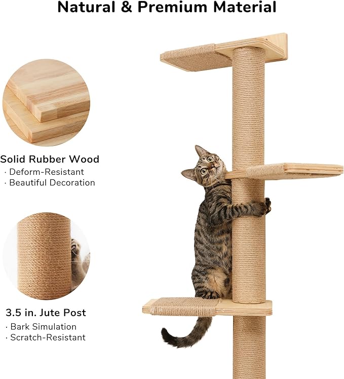 FUKUMARU Tall Cat Tree, 5 Tier Floor to Ceiling Cats Tower, Wall-Mounted Kitten Scratching Post, Wild Simulation Kittens Wall Shelves, Suitable for Climb, Scratch, Lookout and Play