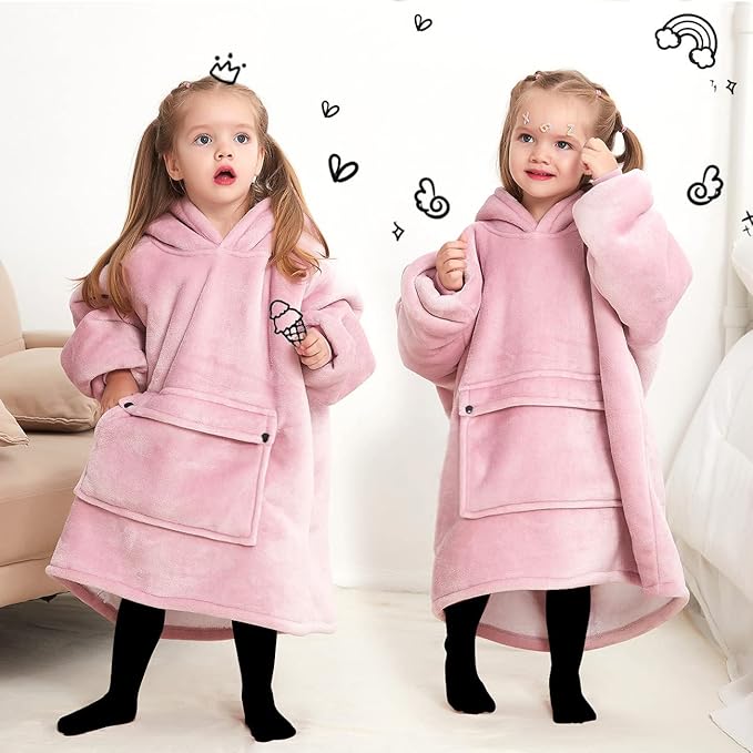 KFUBUO Wearable Blanket Hoodie for Kids Toddlers Sherpa Blanket Sweatshirt With Pocket Cute Hoodies 2-6 Year Old Girl Cute Birthday Gifts Pink