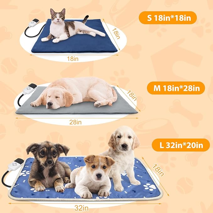 Dog Heating Pad 34"*21" for Outdoor Cat, 9 Adjustable Temperature Pet Heating Pad with Timer, Indoor Warming Waterproof Heated Dog Bed Mat with Line Protection Tube, Replacement Cover for Puppy Kitten