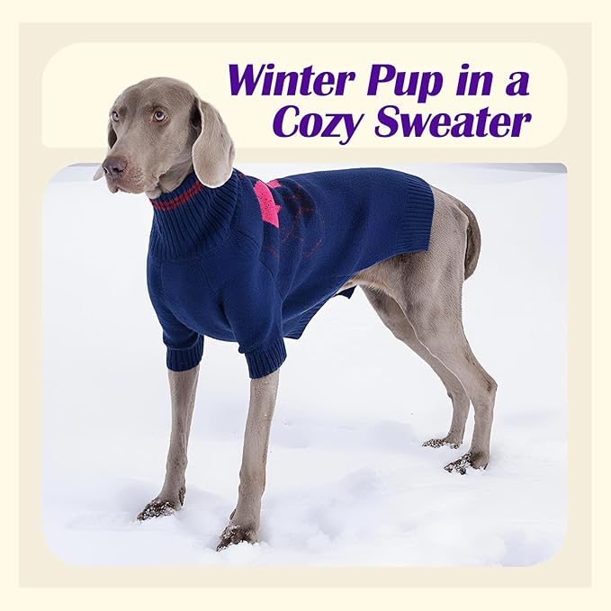 Boy Dog Sweater, Dog Sweaters for Large Dogs Boy, Winter Warm Pullover, Turtleneck Knit Dog Christmas Sweater with Sleeves, Soft Stretchy Knitwear for Cold Weather, Holidays - Blue L