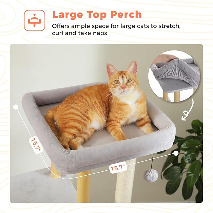 53" Modern Cat Tree for Large Cats, Wooden Cat Tower with Fully Sisal Covered Scratching Posts and Solid Wood Posts, Cat Furniture with Spacious Perch and Cozy Condo Gray