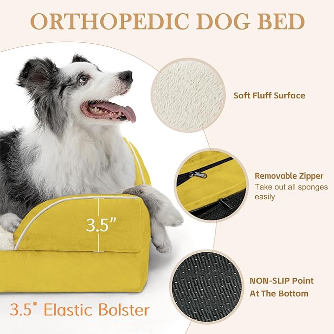 Comfort Expression Orthopedic Dog Bed for Medium Dogs 28x19 Inch, Waterproof Egg Crate Foam Medium Pet Bed with Removable Bolsters, Dog Couch with Washable Cover & Non-Slip Bottom, Spicy Mustard