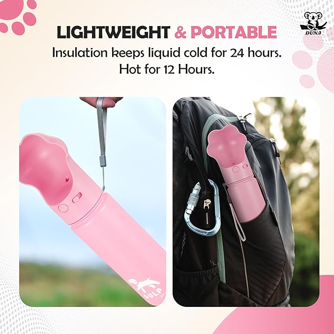 Gulp by Duna 18oz Dog Travel Water Bottle with Paw-Shaped Bowl – Insulated Stainless Steel, Leakproof & Portable with Carry Strap – Outdoor Walking, Hiking & Pet Hydration On-The-Go – Pink