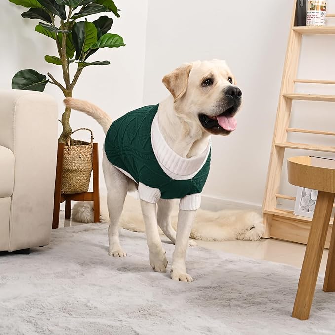 Dog Sweater for Large Dogs Argyle Cable Knit Turtleneck Pullover Winter Clothes Boys Girls Stretch Golden Retriever Labrador Bulldog Pitbull Doberman Pet (XL, Green)