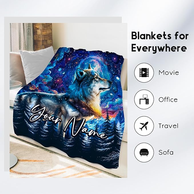 Boys Blanket Personalized Wolf Blankets Gifts for Kids/Teens/Men - Flannel Soft Cool Throws for Office, Sofa - 4 Sizes