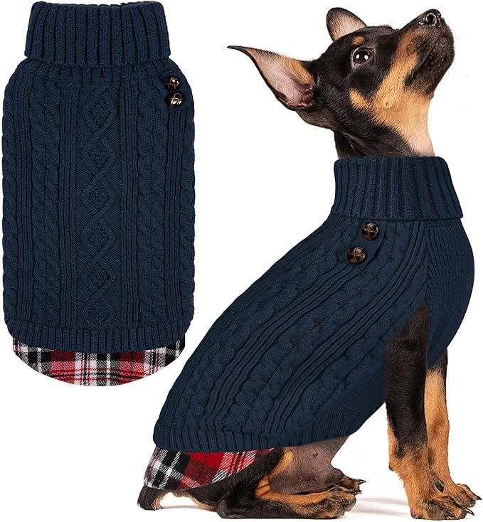KYEESE Dog Sweater Soft Pullover Dog Sweaters for Small Dogs Male Comfy Puppy Coat for Fall Winter Cold Weather Stretchy Knitwear Cat Clothes Warm Turtleneck Small Dogs Sweater with Gingham Patchwork