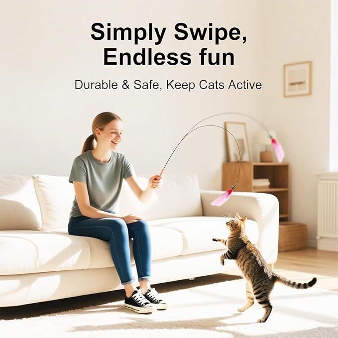 Cat Feather Wands with Replacement Feathers, Interactive Wand Toys, Feathers & Bell, Teaser Wand for Kittens and Adult Cats, Indoor Play to Exercise