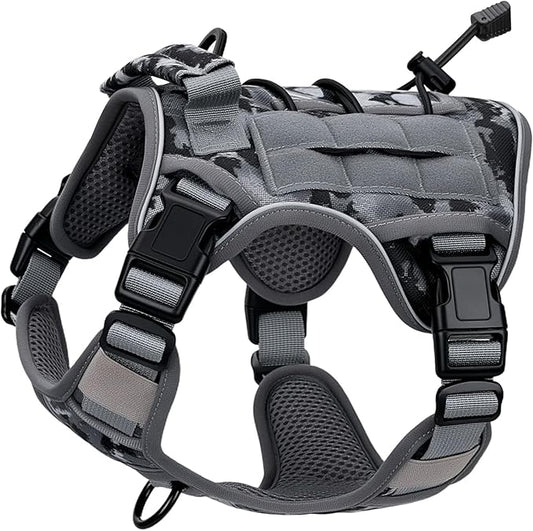 Heavy-Duty Tactical Dog Harness for Large Dogs, No Pull Adjustable Reflective Pet Vest with Molle System, K9 Military-Grade Control for Service Training, Outdoor & 10+ Breeds, Gray Camo, Small