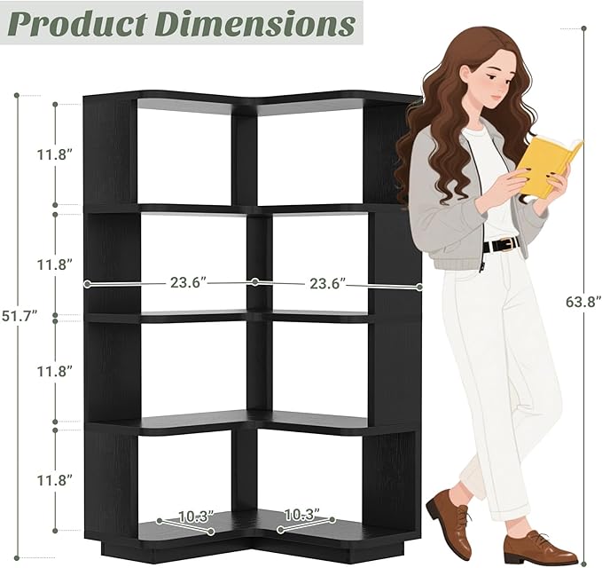 Armocity Corner Book Shelf - 5 Tier Corner Bookshelf Etagere Bookcase with Baffle, Freestanding L Shaped Display Shelf Stand for Home Office, Living Room, Bedroom, Kitchen, Black