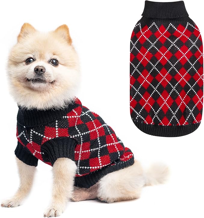 KOOLTAIL Knit Turtleneck Cold Weather Dog Sweater, Soft Diamond Plaid Pullover for Medium Large Dogs, Pet Coat Puppy Sweater for Girls Boys