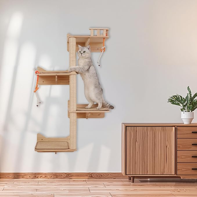 KVIDA Wall-Mounted Cat Tree – 7PCS Solid Wood Set with 3 Sisal Posts, Wide Perches & Lookout Tower, Space-Saving Climbing Furniture for Large Indoor Cats