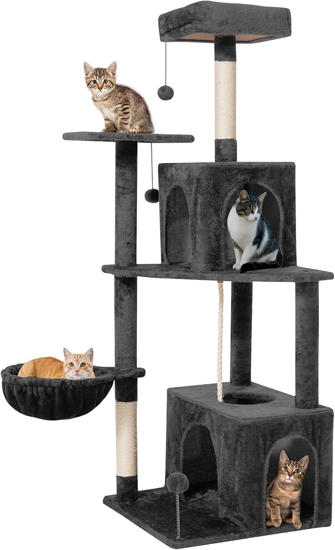 Cat Tree 54-Inch Cat Tower with Padded Plush Perch 2 Comfy Caves, Scratching Posts, Basket, 2 Pompoms, Multi-Level Plush Cat Condo for Indoor Cats Kittens, Dark Gray