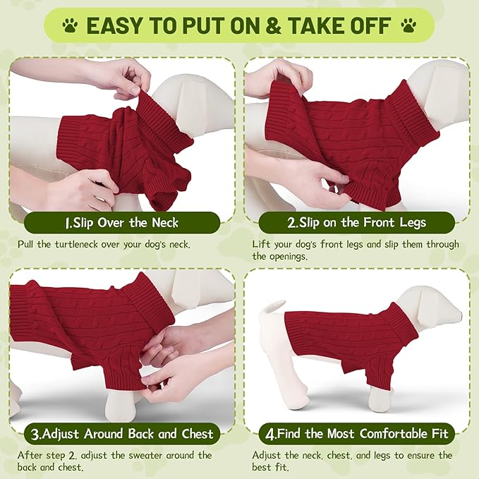 Small Dog Thermal Pullover Sweater, Classic Turtleneck Cable Knitwear Dog Clothes for Cold Weather Warm Pet Clothes for Chihuahua, Bulldog, Dachshund, Pug Red Large