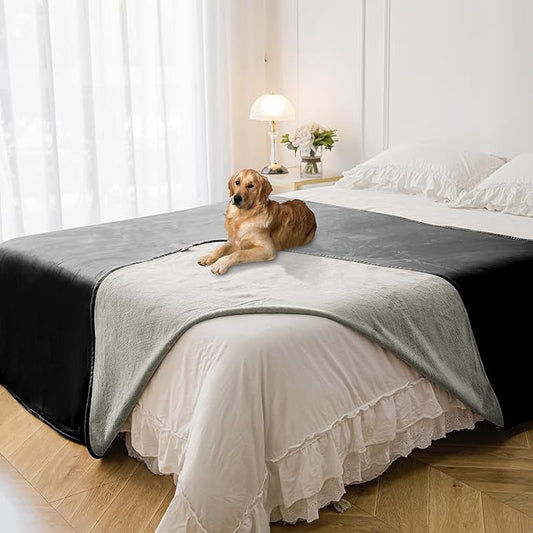 Waterproof Blanket for Bed Protection, Washable Dog Blankets for Couch, Soft Reversible Pet Throw Furniture Protector Cover for Sofa-82"x120",Black+Lightgrey