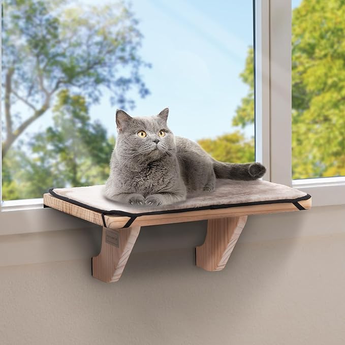 PETSFIT Window Perch, Cat Hammock Window Seat with Natural Solid Wood&Removable Fleece Mat,Safety Sturdy Cat Bed for Windowsill, Bedside and Drawer