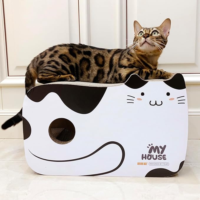 TTCAT Cute Kawaii Cat House Cat Scratching Pad Corrugated Cardboard Cat Scratcher Lounge, Durable Cat Scratching Board with Catnip for Furniture Protection.Black+White