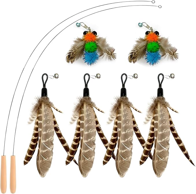 Kingtree Cat Teaser Toys, 8 Pack Feather Wand Cat Toys with 6Pcs Replacement Feathers Insects & 2Pcs Flexible Steel Wire Teaser Wands, Interactive Pet Feather Toys with Bells for Play Chase Exercise