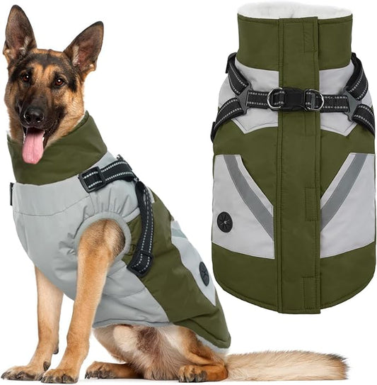 IECOii Dog Jacket Winter Harness Built in -Green,XXXLarge- Zip Up Dog Coat Winter Clothes for Large Dogs Waterproof, Dogs Snowsuit Snow Jacket D-Rring Labrador German Shepherd Doberman Rottweiler