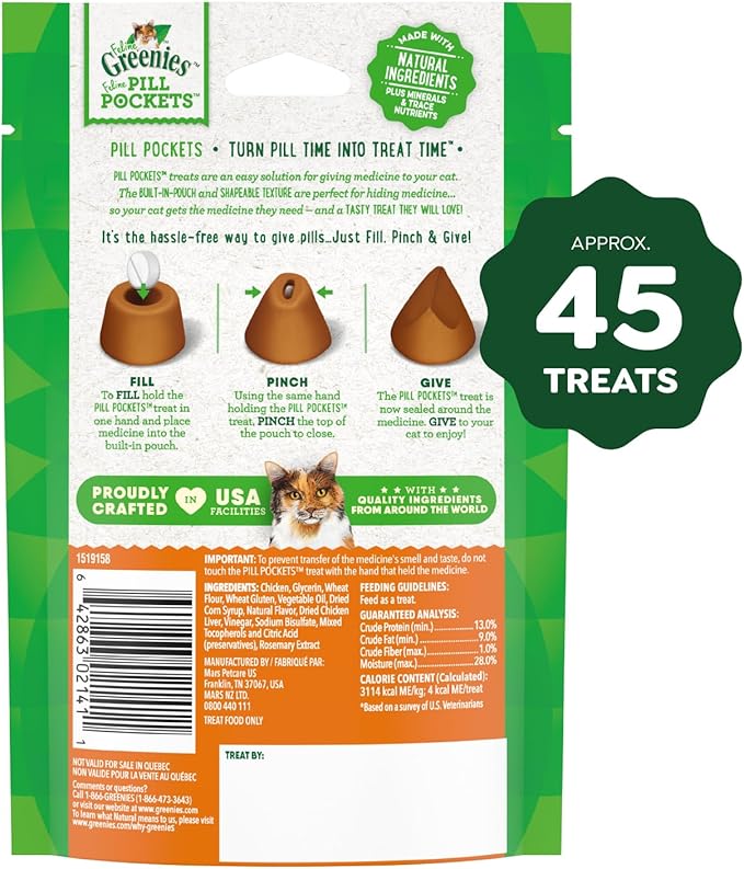 Greenies Feline Pill Pockets for Cats Natural Soft Cat Treats, Chicken Flavor, 1.6 oz. Pouch (45 Treats)