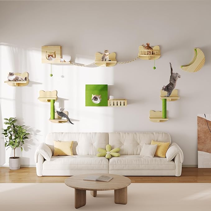 DWVO Cat Wall Shelves and Perches for Wall, Solid Wood Wall Mounted Cat Furniture, Set of 14 Cats Climbing Shelves for Large Cats with Green Wall House & Fence, Steps, Bridge Ladder, Scratching Posts