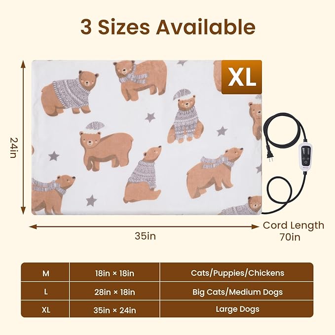 Bearhug Dog Heating Pad, Pet Heating Pad 35"×24"[Two Replaceable Cover] Adjustable Temperature Heated Cat Bed with Steel-Wrapped Cord, Waterproof and Chew-Resistant for Dogs Cats Large Animals