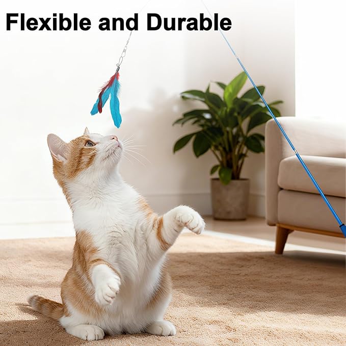 Walfront Interactive Cat Toys for Indoor Cats, 12PCS Kitten Toy Set with 2 Retractable Wands & Feather Teasers, Fun Chase and Exercise Toys to Keep Cats Active and Healthy