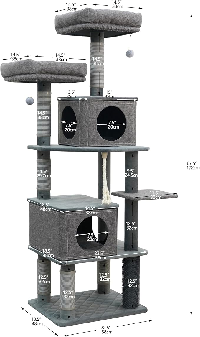 Catry Stella 7-Level 67.5” Linen & Quilted Velvet Cat Tree with Recycled Paper Scratchers, Two Condos, Removable Beds, Toys, Easy to Clean, Ideal for Large Cats and Multi-Cat Homes (Zinc Gray)
