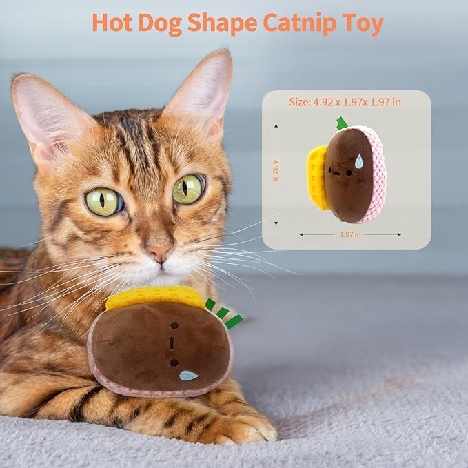 Cat Toys - Hot Dog, Fun Kick and Toss Catnip Toy with Crinkle Sound, Includes Catnip & Silvervine Powder (5g+5g) + 5 Reusable Pouches, Gift for Indoor Cats