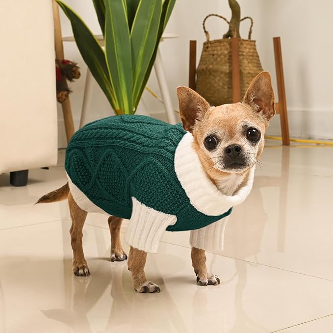 Dog Sweater for Small Dogs Argyle Cable Knit Turtleneck Pullover Winter Clothes Boys Girls Stretch Puppy Doggie Chihuahua Yorkie Pomeranian Toy Poodle Pet (XS, Green)