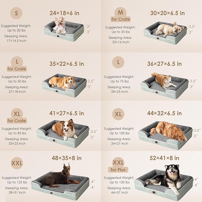 EHEYCIGA Orthopedic Dog Beds for Extra Large Dogs, Waterproof Memory Foam XL Dog Bed with Sides, Non-Slip Bottom and Egg-Crate Foam Big Pet Couch Bed with Washable Removable Cover, Greyish Green