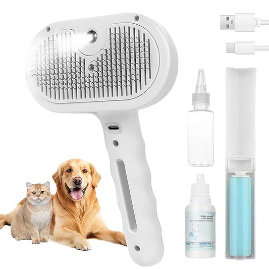 Cat Steam Brush for Shedding & Grooming - 3 in 1 Pet Brush with Waterless Shampoo, Spray Hair Removal Comb & Reusable Lint Roller for Dogs and Long Short Haired Cats, Release Button LKLZXUAN