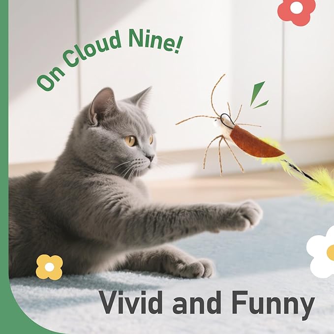 SONGWAY Cat Bug Toy Wand - Cat Teaser Wand Toy with 4 Pcs Cute Insect Feather cat Toy Replacements, Interactive Cat Toys Bug for Indoor Cats Kittens