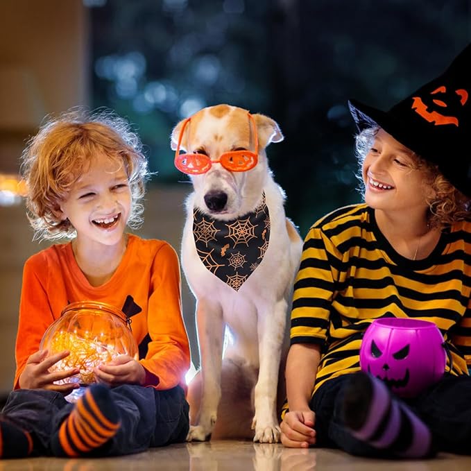 Kytely Halloween Dog Bandanas 2 Pack, Reversible Triangle Dog Bandanas for Boy and Girl, Multiple Sizes Offered, Pumpkin and Spider Web Bibs Fall Pet Scarf, Premium Durable Fabric (Large)
