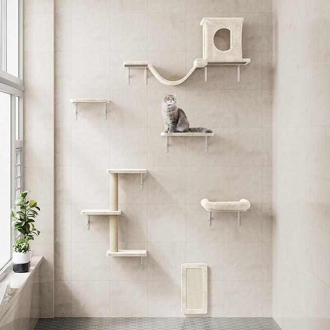 NUNU LAB Cat Wall Shelves, 6 Pcs Luxury Wall-Mounted Cat Climber Set, Indoor Cat Furniture with 1 Condos House, 2 Cat Wall Shelves, 1 Scratching, 1 Bridge Ladder, 1 Scratching Pad, Beige