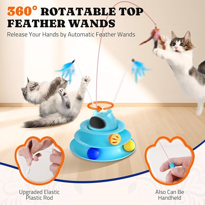 Interactive Cat Toy: 5 in 1 Automatic Cat Toy for Indoor Cats, USB Rechargeable Hide and Seek Toy with PVC Cover, Rotating Feather toys, Battery Operated Kitten Laser Toy with Feather Accessories Blue
