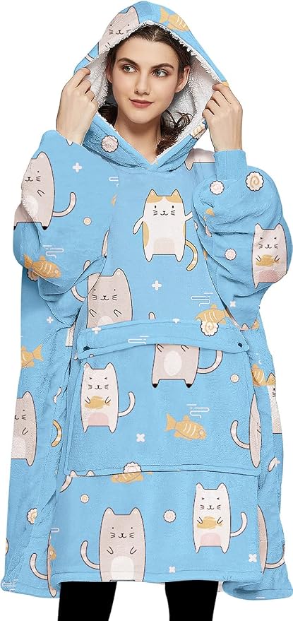 KFUBUO Wearable Blanket Hoodie for Adults Sherpa All Patterns Blue Cat Oversized Sweatshirt Blanket with Pockets Cute Gifts for Women