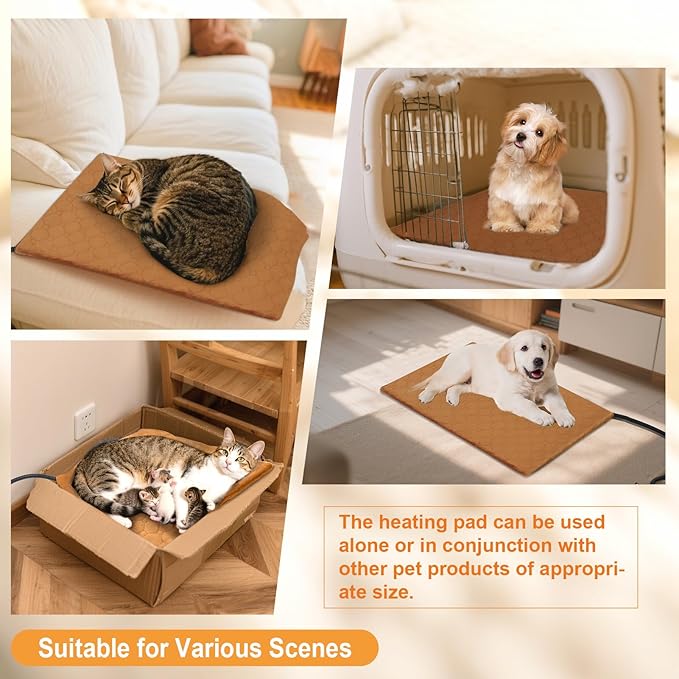 Pet Heating Pad for Cats & Dogs Indoor Outdoor, Warming Cat Heating Pad with Chew Resistant Cord, Adjustable Temperature and Time, Heated Pet Bed Mat Waterproof for Cats Dogs (Coffee, 15.7'' × 27.6'')