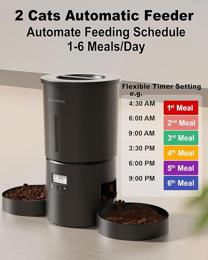 Automatic Dual Cats Feeder for 2 Cats,6 Meals/Day,12 Portions/Meal,Dual Power Auto Pet Feeder Dry Food Dispenser,Flexible Schedule Timer 10S Voice Record (Black, ABS Dual Bowls)