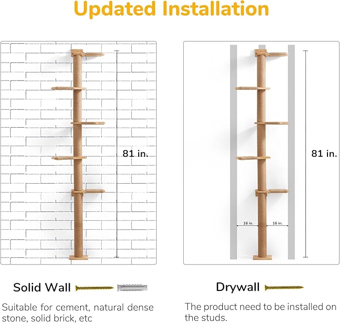 FUKUMARU Tall Cat Tree, 5 Tier Floor to Ceiling Cats Tower, Wall-Mounted Kitten Scratching Post, Wild Simulation Kittens Wall Shelves, Suitable for Climb, Scratch, Lookout and Play