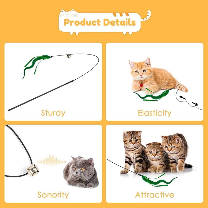 SHENGSEN Feather Wand Cat Toy,Bouncy Ball with Tail Cat Toys,Magic Worm with Large Colorful Ball Toy for Cats,Cat Feather Toys for Indoor Cats,Colorful Fuzzy Worm Bouncy Balls Cat Toy (ADM102-B-5A)