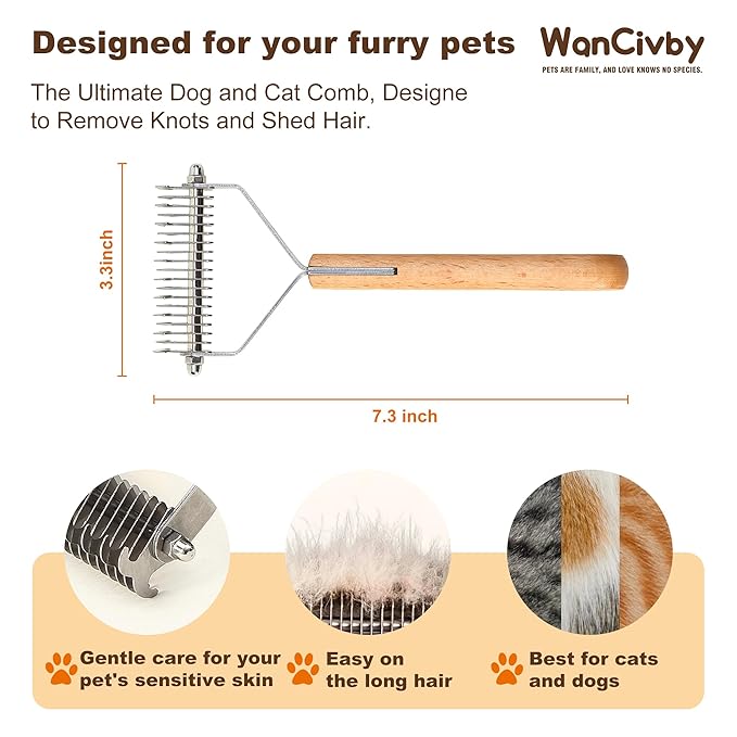 Undercoat Rake for Dogs Brush for cat shedding tool Grooming Comb19Blade Dematting Tool Pet Brush Dual Side Large Medium Small Dogs and Cats Shedding Brush, Premium Wood Handle
