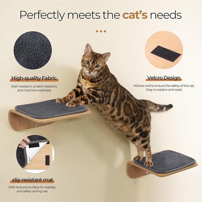 Cat Wall Shelves,Cat Wall Steps and Perch,Stairs,Ladders,Nest,Bed,Modern Wooden Floating Climbing Furniture for Hopping and Sleeping,with Scratching Cushion (Steps of 4)
